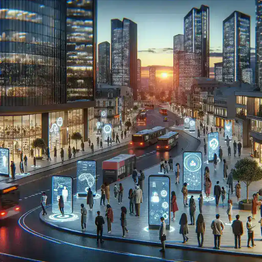 "Plataforma digital de participación ciudadana con inteligencia artificial en una ciudad española, mostrando una interfaz interactiva en una laptop con ciudadanos colaborando en decisiones comunitarias."